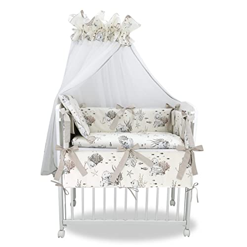 Baby Delux Beistellbett Set Babybett Komplett Set Stubenwagen weiß 90x40 mobil mit Rädern inkl. Bettwäsche Matratze (Robbe beige) von Generisch