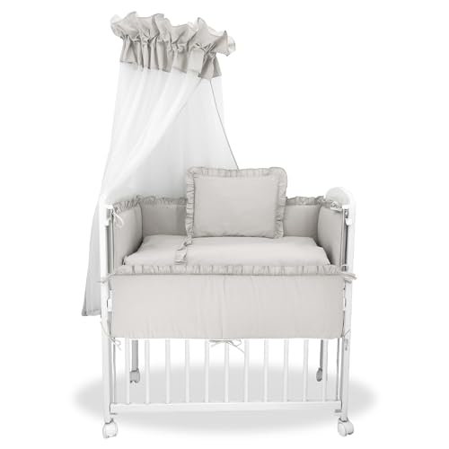 Baby Delux Beistellbett Set Babybett Komplett Set Stubenwagen weiß 90x40 mobil mit Rädern inkl. Bettwäsche Matratze (Royal Grau Rüsche) von Generisch