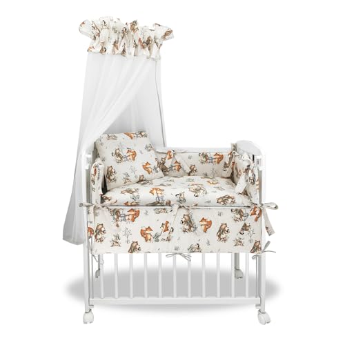 Baby Delux Beistellbett Set Babybett Komplett Set Stubenwagen weiß 90x40 mobil mit Rädern inkl. Bettwäsche Matratze (Teddy und Fuchs beige) von Generisch