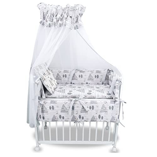 Baby Delux Beistellbett Set Babybett Komplett Set Stubenwagen weiß 90x40 mobil mit Rädern inkl. Bettwäsche Matratze (Waldfreunde grau) von Generisch