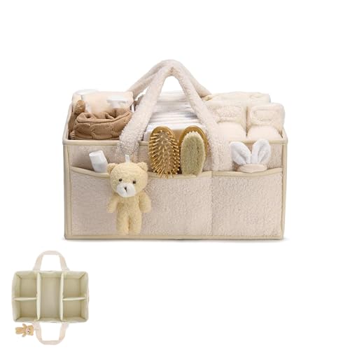Baby Wickeltasche Organizer 38x25.4x17.8cm Plüsch Wickelkorb Mit Bär, Wickeltisch Organizer mit Wechselbaren Fächer, Multifunktional Tragbar Wickel Organizer für Feuchttücher und Babysachen (cremefarb Baby Wickeltasche Organizer 38x25.4x17.8cm Plüsch Wickelkorb Mit Bär, Wickeltisch Organizer mit Wechselbaren Fächer, Multifunktional Tragbar Wickel Organizer für Feuchttücher und Babysachen (cremefarb von Generisch