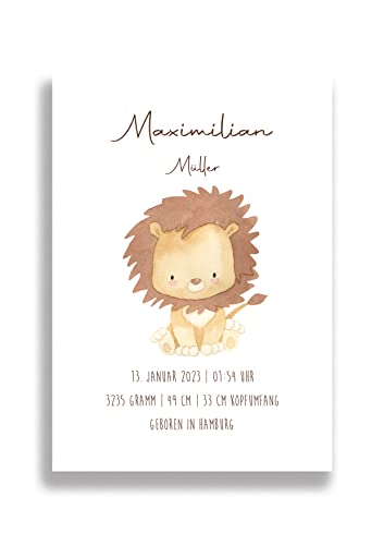 Babydatenbild - Kunstdruck „LÖWE“ als personalisiertes Geschenk! Geburtsandenken Geburtsanzeige Geburtsbild Geburtsdaten Geburtsposter Namensbild (Löwe) von Generisch
