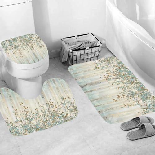 Badematten & Badteppiche Set 3 Teilig Badezimmerteppich Waschbar Badematte rutschfest,Wc Vorleger Mit Ausschnitt Und Badematte, Badvorleger Toilette Teppich 50×80Cm Grünes Blatt von Generisch