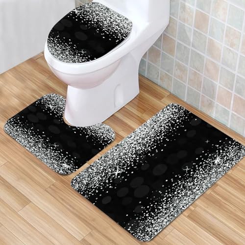 Badematten & Badteppiche Set 3 Teilig Schwarz Gold Mikrofaser Flauschige Marmor Muster Badezimmerteppich WC Vorleger mit Ausschnitt Waschbar rutschfeste Badvorleger Toilette Teppich (T-Schwarz, 3pc) von Generisch