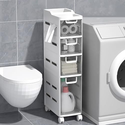 Badezimmer-Aufbewahrungsschrank, schmaler 3/4-stöckiger Organizer mit Schubladen und Rollen, platzsparender Bodenschrank für enge Räume, neben Toilettenpapierhalter von Generisch
