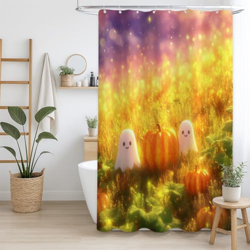 Badezimmer-Duschvorhang Einfache Installation Geruchsneutrales Material für Küche Gelb Halloween süß ästhetisch,90 x 180cm（35" x 71"） von Generisch