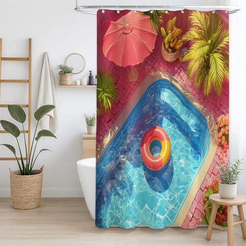 Badezimmer-Duschvorhang Farbbeständig Strapazierfähiges Gewebe für Küche Rosa Blau Pool Sommer Ästhetik,180 x 200cm（71" x 79"） von Generisch