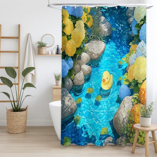 Badezimmer-Duschvorhang Leicht zu reinigen Wasserabweisende Beschichtung für Küche Blau Gelb Anime Ente ästhetisch,180 x 180cm（71" x 71"） von Generisch