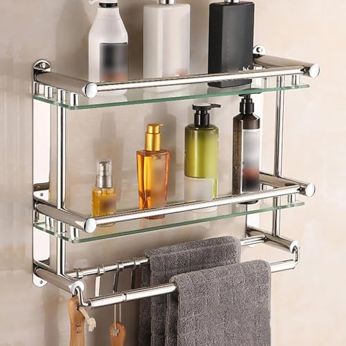 Badezimmer-Glasregal, Wandregal, mehrstöckig, gehärtetes Glas, Aufbewahrungs-Organizer mit Haken und Handtuchstange Badezimmer-Glasregal, Wandregal, mehrstöckig, gehärtetes Glas, Aufbewahrungs-Organizer mit Haken und Handtuchstange von Generisch