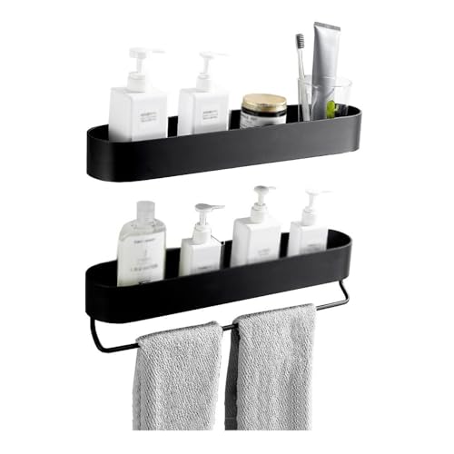 Badezimmer-Regal-Organizer, Duschablage mit Handtuchstange, moderne Aluminium-Kleberegale für Bad und Küche, runde Kanten, stilvolle schwarze Handtuchaufbewahrung (38 cm), 2 Stück von Generisch