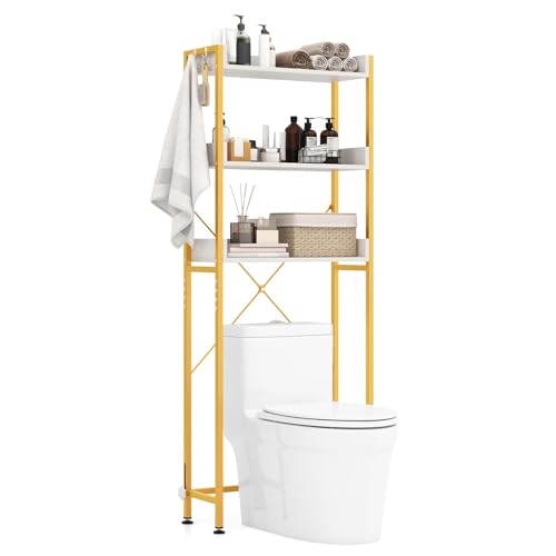Badezimmer-Regal mit 3 Etagen, mit 4 Haken, Industrie-Stil, Kippschutz, weiß, WC-Seitenschrank, platzsparend, für Badezimmerutensilien von Generisch