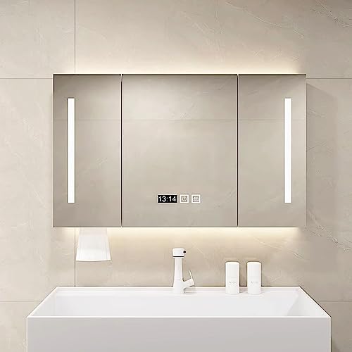 Badezimmer-Spiegelschrank, Wandmontage, Edelstahl, rahmenlos, Medikamentenschrank mit 3 Spiegeltüren + Berührungsschalter, Grau, 90 x 12 x 70 cm von Generisch