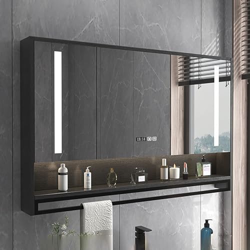 Badezimmer-Spiegelschrank mit beleuchtetem LED-Licht, Badezimmer-Spiegelschrank mit Lichtern, Badezimmer-Schminkspiegel mit Stauraum mit Defog-Taste, Schminktisch (schwarz, 60 x 12 x 75 C) von Generisch