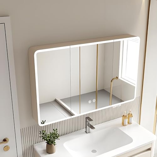 Badezimmer-Spiegelschrank mit beleuchtetem LED-Licht, intelligenter Badezimmer-Medizinschrank, Schminkspiegelschränke, Spiegel, Medizinschrank mit HD-Spiegel, mit Defog-Taste (Beige, 80 x 13 x 70 cm) Badezimmer-Spiegelschrank mit beleuchtetem LED-Licht, intelligenter Badezimmer-Medizinschrank, Schminkspiegelschränke, Spiegel, Medizinschrank mit HD-Spiegel, mit Defog-Taste (Beige, 80 x 13 x 70 cm) von Generisch