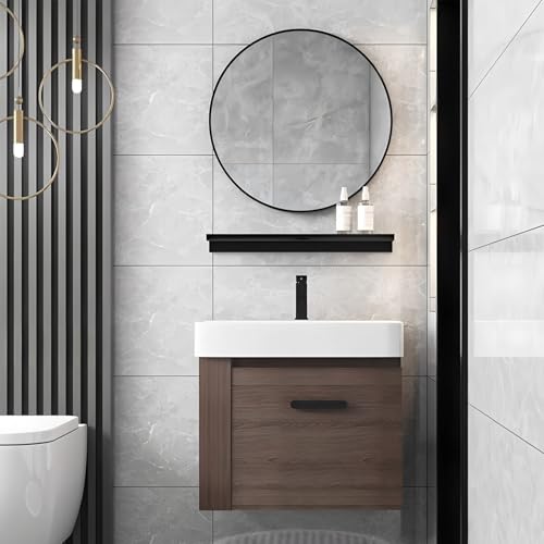 Badezimmer-Waschtisch-Set mit Keramik-Spüle, Massivholzschrank, schwebendes Design, Seitenaufbewahrung, perfekt für kleine Räume, inklusive Wasserhahn, platzsparende Lösung, 61 cm von Generisch