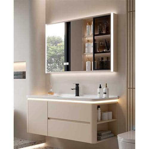 Badezimmer-Waschtisch-Set mit Smart Defogger LED-Spiegel, schwebendem Schrank und Massivholzkonstruktion, moderner Badwaschtisch mit Einzelwaschbecken und großer Schublade zur Aufbewahrung von Generisch