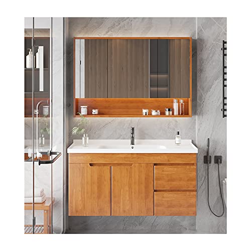 Badezimmer-Waschtisch mit Spiegelschrank, Wandmontage, schwimmende Waschtisch-Kombination mit schwarzem Wasserhahn, sanft schließende Tür, Einbaubecken – 82 x 47 x 48 cm von Generisch