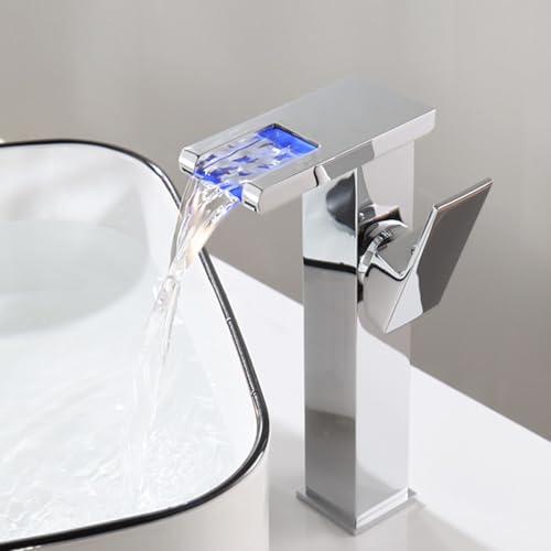 Badezimmer-Wasserhahn, moderner Einhebel-Waschtischarmatur mit 3 Farbwechsel-Lichtern, perfekt für Küche und Waschküche, 1-Loch-Installation (Silber, 23,1 cm) von Generisch