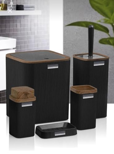 Badezimmer Zubehör aus Holz Badezimmer Set Luxus Modern Bad Set Zahnbürstenhalter Becher Toilettenbürste Set Seifenschale Mülleimer Seifenspender (Schwarz) von Generisch