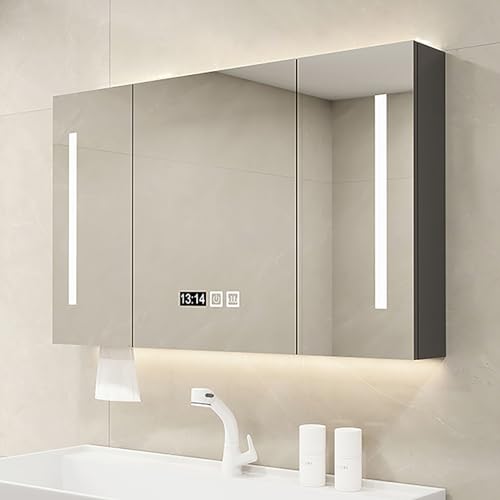Badezimmerschrank mit Spiegel und LED-Beleuchtung, Anti-Beschlag-Funktion, intelligentes Design, verstellbare Helligkeit, graue Farbe, stilvoller und funktionaler Badezimmer-Spiegelschrank von Generisch