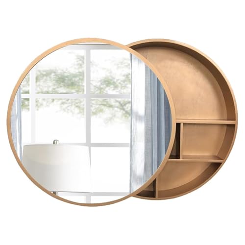 Badezimmerspiegelschrank, Wandmontage, runder Spiegel mit Schiebetür, Massivholzaufbewahrung, große goldfarbene Möbel (60 x 70 cm), stilvolle Badezimmerlösung von Generisch
