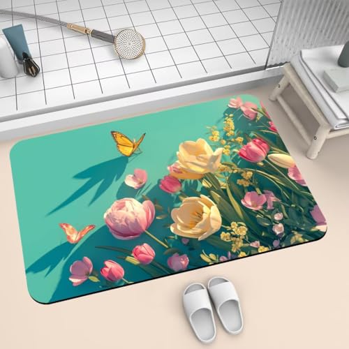 Badezimmerteppich 60x90cm Badematte Rutschfeste Butterfly Super Absorbierende Badteppich Waschbar Badvorleger Dünn Schnelltrocknende Duschvorleger für Eingangsteppich Badezimmer Badewanne Dusche 2-585 von Generisch