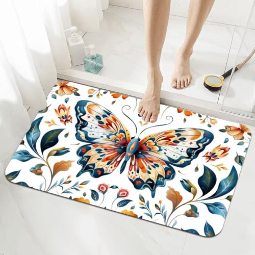 Badezimmerteppich Groß Schnelltrocknend Badteppich 140x200cm Rutschfester Badematte Butterfly Absorbierender Duschvorleger Waschbar Badvorleger Bath Bathroom Mat Fußmatten Toilette Badewanne 5-162 von Generisch