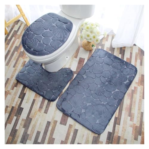 Badezimmerteppich-Set, 3-teilig, 3D-geprägtes Badezimmerteppich-Set, Bodenteppich, Flanell-WC-Matte mit Deckelbezug, rutschfestes U-förmiges Badematten-Set (Dunkelblau) von Generisch