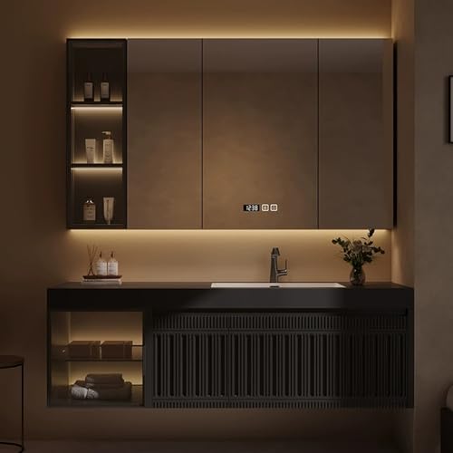 Badezimmerwaschtisch mit Waschbecken 120cm Schwarz Spiegelschrank mit LED Beleuchtung Moderne Badmöbel Platzsparendes Design von Generisch