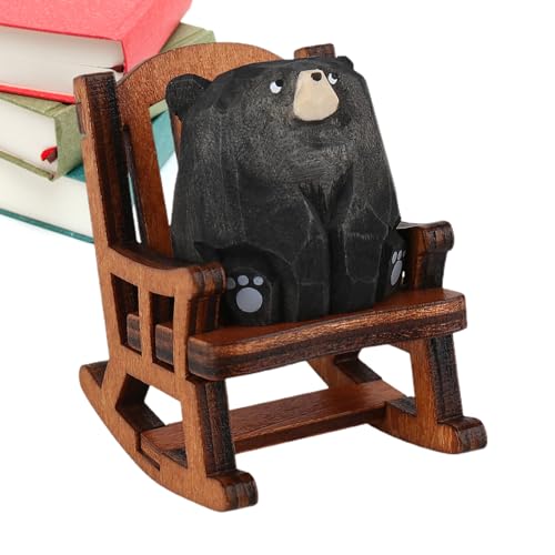 Bärenstatue – handgeschnitzte Kleintierdekoration, Holzbär-Statue Schaukelstuhl | Holz-Braunbär-Figur rustikaler Stil, dekorative Ornamente, Holzlandtier-Skulptur für Zuhause von Generisch