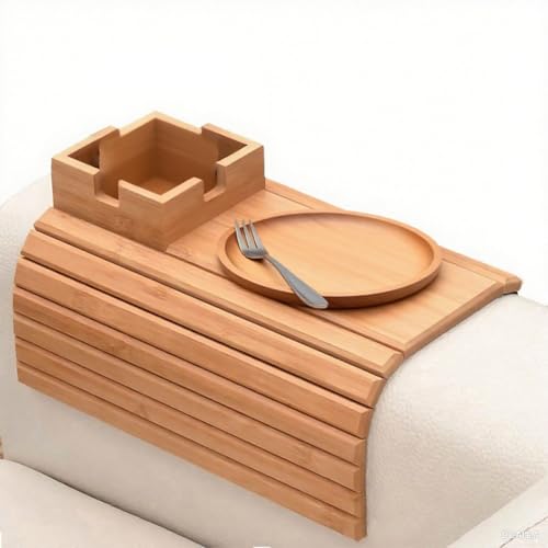 Bambus-Couch-Arm-Tablett mit Getränkehalter, faltbarer Sofa-Arm-Tisch für Getränke, Snacks, Telefon-Fernbedienung, Holz-Beistelltisch-Organizer für Wohnzimmer, Schlafzimmer, Leseecke (Holz A) von Generisch