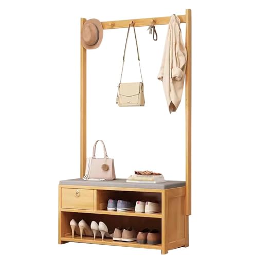 Bambus Flur Garderobe mit Schuhaufbewahrung Bank 4 in 1 Design Abnehmbare Haken Kleiderstange Eingangsbereich Flur Baum von Generisch