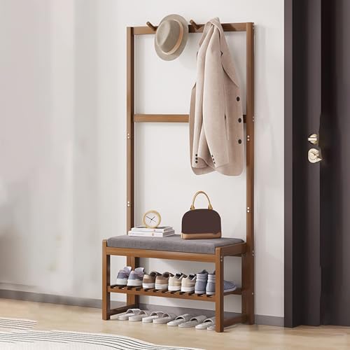 Bambus Garderobenleiste mit Schuhbank 3in1 Einstiegsnizer mit Haken & Schuhaufbewahrung Braun 70cm / 27,5 Zoll Perfekt für Flur & Schlamm von Generisch