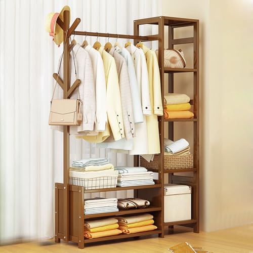 Bambusgarderobe mit Ablagen, Kleiderständer im Industriestil, mit seitlichen Haken & Kleiderstange, offener Kleiderständer für Flur & Schlafzimmer von Generisch