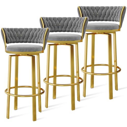 Barhocker, 360° drehbar, Thekenhöhe, Hocker mit Samt-gewebter Rückseite, Kücheninselhocker mit goldfarbenem Metallbein und Fuß, 2er-Set, 65 cm von Generisch
