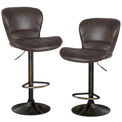 Barhocker 2er-Set, höhenverstellbar, um 360° drehbar, Theke, Esszimmerstuhl mit drehbarer Gasdruckfeder, Rückenlehne und Fußstütze, PU-Leder, Frühstücksbarhocker-Set (Dunkelbraun, 56 x 47 x 113 cm) von Generisch