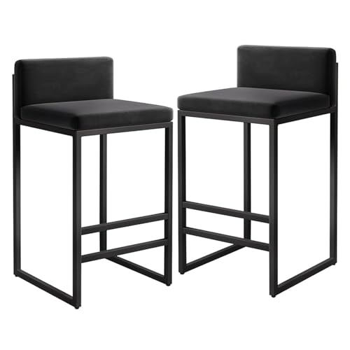 Barhocker 2er Set Modern Samt mit Rückenlehne Schwarz Metall Fußstütze Gepolstert Hochstühle für Esszimmer Kücheninsel Bistro Frühstückstheke von Generisch