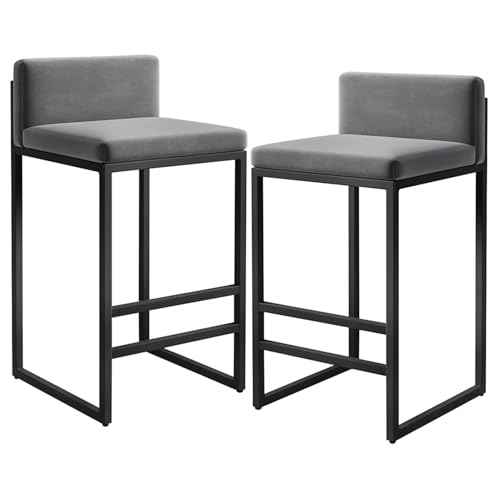 Barhocker 2er Set Modern Samt mit Rückenlehne Schwarz Metall Fußstütze Gepolstert Hochstühle für Esszimmer Kücheninsel Bistro Frühstückstheke von Generisch