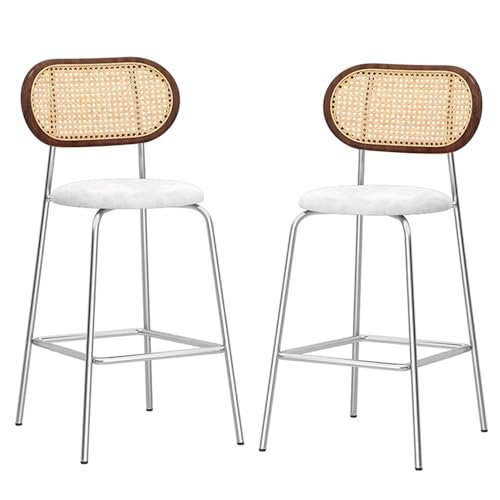 Barhocker Samt Polsterhocker 2er Set mit Rattan Rückenlehne Hochstühle mit Fußstützen für Esszimmer Stilvolle Frühstücksbarhocker von Generisch