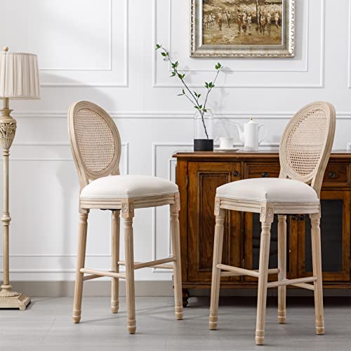 Barhocker aus Massivholz, 2er-Set, klassisch, französisches Landhausstil, Barhocker mit gepolsterter Sitzfläche, 76,2 cm, Küchen-Barhocker für hohe Bartheke (Beige Rattan-Rückenlehne) von Generisch