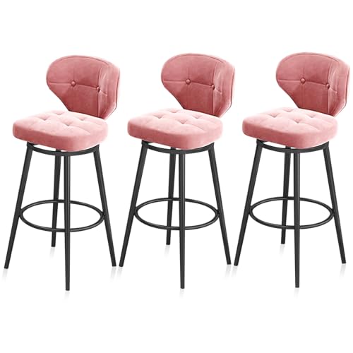 Barhocker aus Samt, 3er-Set, drehbar, mit Rückenlehne, moderne Kücheninsel-Sitzgelegenheit, bequeme rosa Hocker für Zuhause, Bar, Kneipe, Theke, schwarze Beine von Generisch