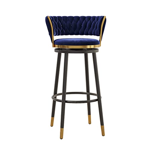 Barhocker aus Samt mit schwarzen Metallbeinen und gebogener gepolsterter Rückenlehne, Hochstuhl für Kücheninsel oder Theke, Drehstuhl, Esszimmerstuhl, 65 cm Sitzhöhe, Blau von Generisch