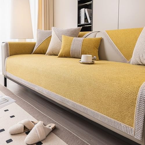 Baumwolle Leinen Sofabezug Sofahusse Antirutsch Couchschutz Alle Jahreszeiten L Form/U Form für Wohnzimmer Passend für 1-4 Sitzer,Gelb 110x240cm von Generisch