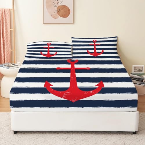 Bedruckt Spannbettlaken Minimalistisch Nautisch Logo Weiche Matratzenschoner 90 x 200 cm Spannbettlaken, Blau Rot Kommt mit 2 Kissenbezügen Geeignet für bis 30 cm Matraze von Generisch