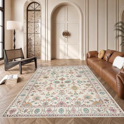 Beige Floral Area Teppich für Wohnzimmer & Balkon 140 x 200 cm Indoor/Outdoor Creme Gelb Rosa Design Stilvolle Terrasse Bodenmatte Moderne Wohnkultur von Generisch