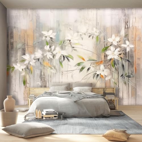 Beige Fototapete Selbstklebende für Wohnzimmer Schlafzimmer - Abstrakt Ölgemälde Blumen Bambusblätter Und Linien Druck Tapeten Einfach Anzubringen, 200 x 140 cm von Generisch