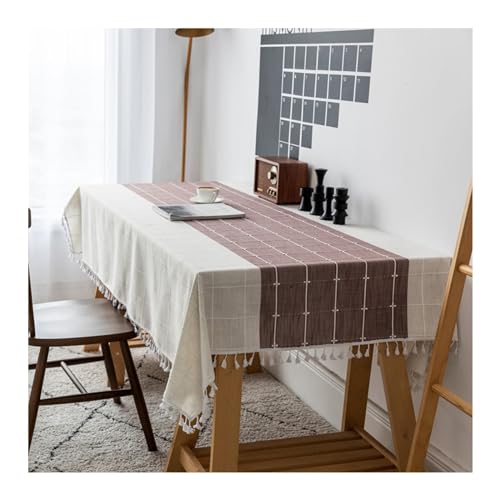 Beige Lila gestreifte Tischdecke 140 x 180 cm (55 x 71 in) waschbar Polyester mit Quasten perfekt für Küche Esszimmer Dekoration Elegantes Karo Design von Generisch