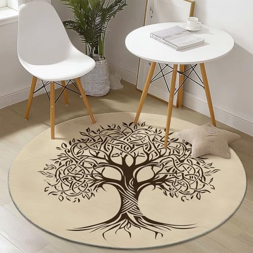 Beige Runder Teppich 100 cm Round Eingangsbereich Teppich Böhmen Baum des Lebens, Kleiner Kreis Bereich Küche Läufer rutschfest Waschbar Läufer von Generisch