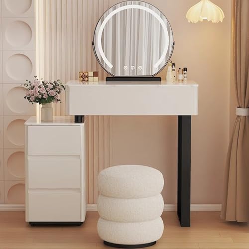 Beige Schminktisch mit abgerundeten Ecken, mehreren Schubladen und 360° drehbarem Spiegel, kleine Größe, 50 cm, verstellbarer Schrank, ideal für Räume (A 70 cm) von Generisch