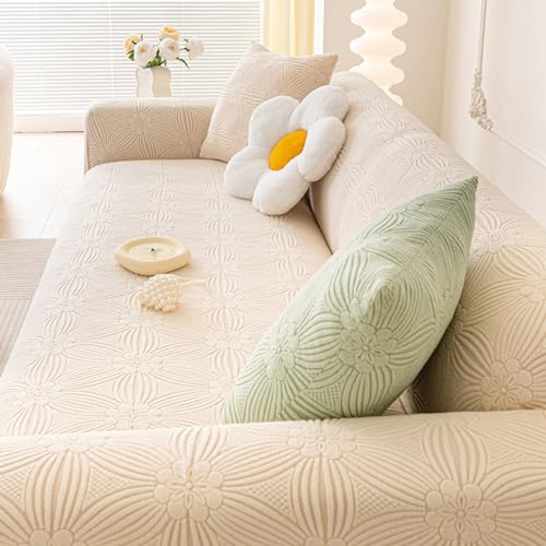 Beige Stretch Sofabezug für 1-5 Sitzer, Samt rutschfest, verdickte universelle Passform, stilvolles gemustertes Design, langlebig und leicht zu reinigen von Generisch
